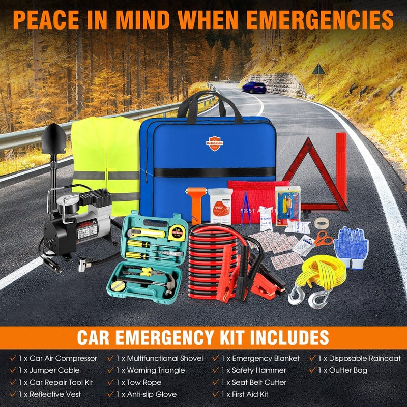Beloskida Emergency Car Kit,Roadside Emergency Tool Kit for Vehicle Truck with Air Compressor Jumper Cable First Aid Kit,Winter Auto Road Side Kit Women Men Car Travel Safety Assistance Survival Essentials Kit - Image 2